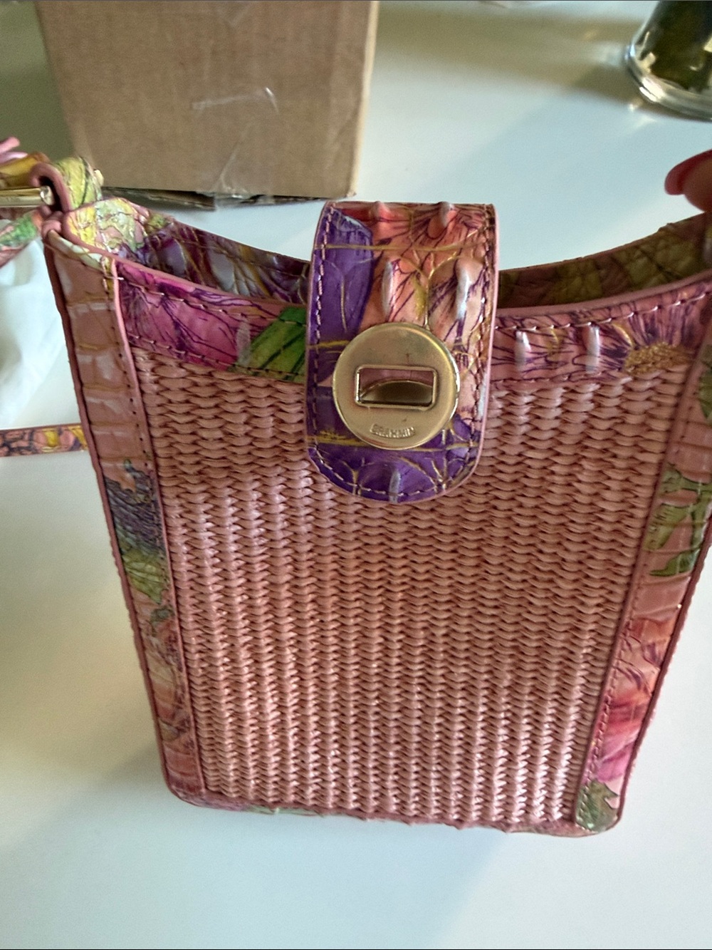Brahmin Straw ,Leather Pink Woven Crossbody Bag with Floral Trim